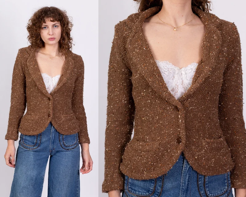 70s 80s Brown Confetti Knit Cardigan - Small