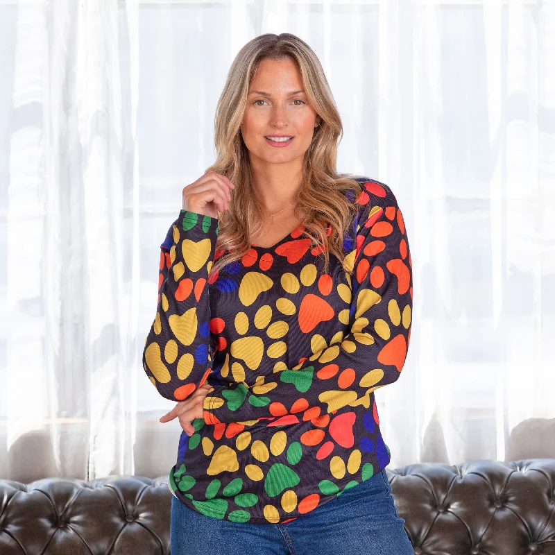 Colorful Paw Print Long Sleeve V-Neck Top