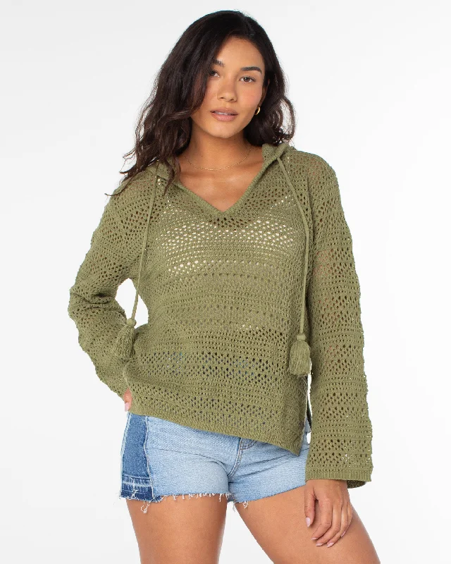 Hippie Love Open Knit Hooded Sweater - Oil Green