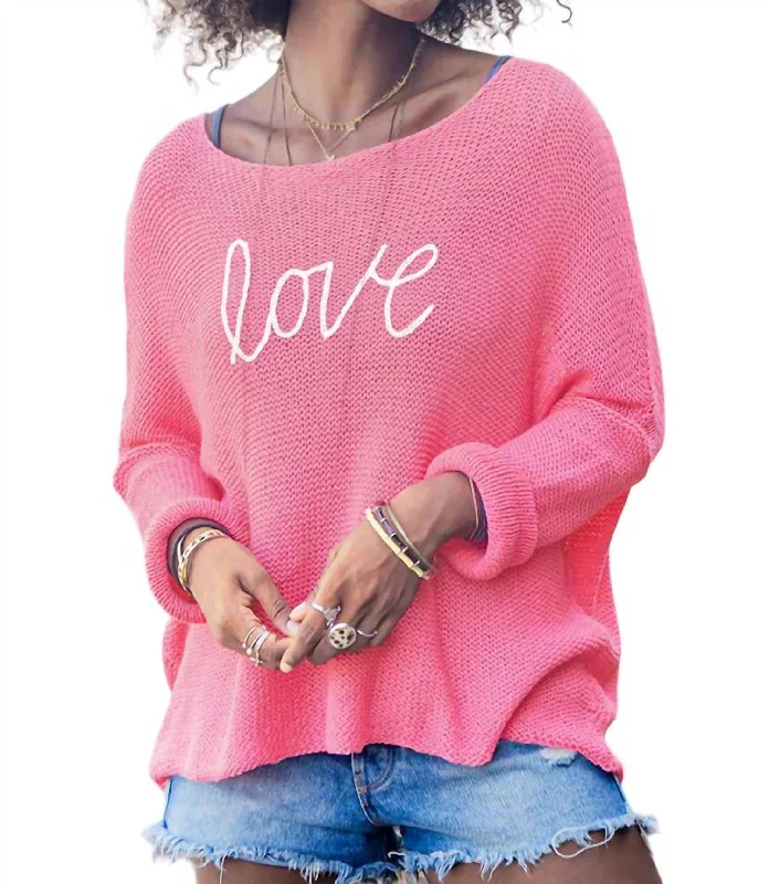 Key West Cursive Love Crew Sweater In Cherry Pastille/breaker White