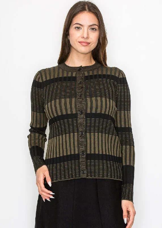 Olive and Black Buttoned Ribbed Cardigan