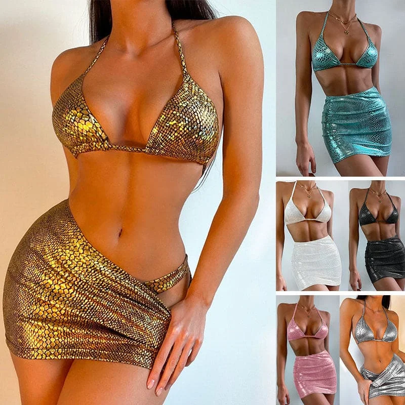 3pcs Metallic Halter Bikini Swimsuit & High Stretch Mini Skirt