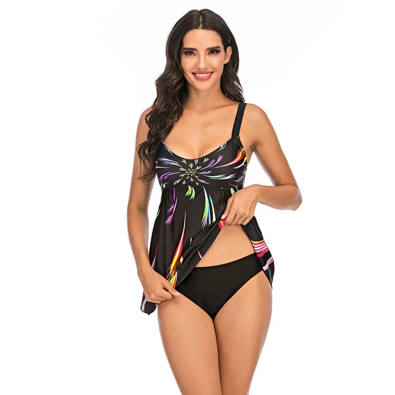 Adjustable Strap Fireworks Print Tank Bikini Swimsuit