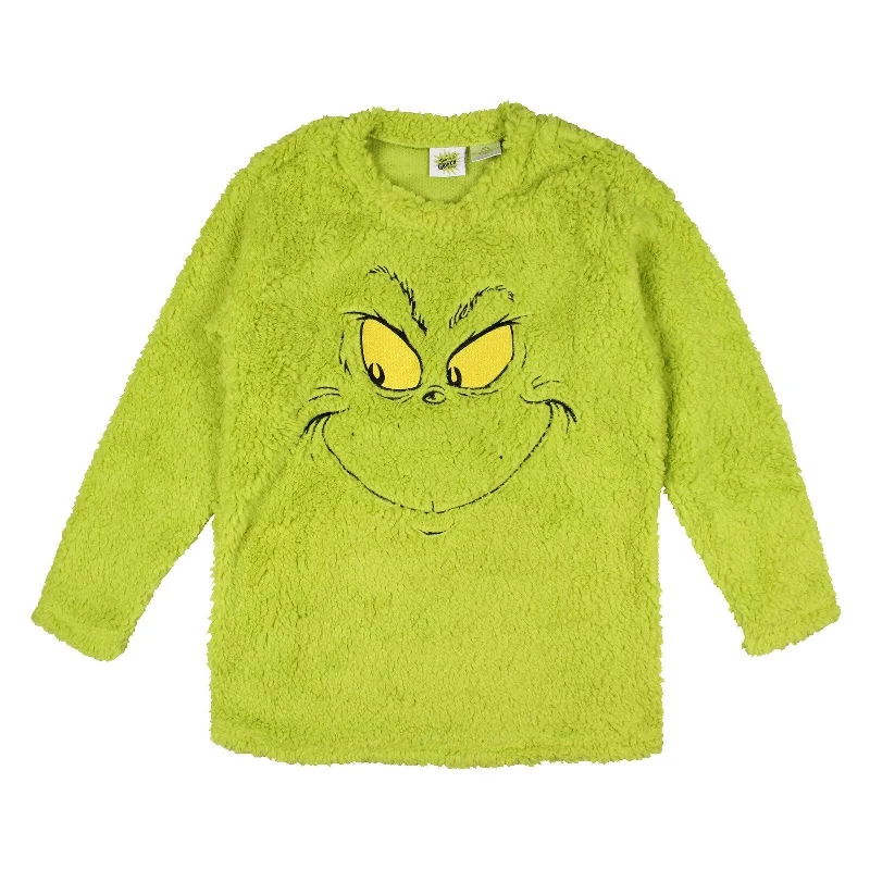 Dr. Seuss How The Grinch Stole Christmas Embroiderd Face Adult Long Sleeve Oversized Fleece Sleep Shirt Men Women