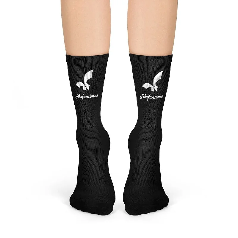 Fikafuntimes Logo Print Cushioned Mid-Calf Black Crew Socks