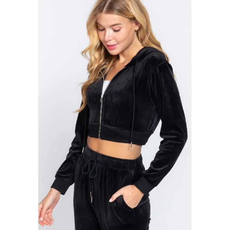 Long Slv Velour Hoodie Crop Jacket