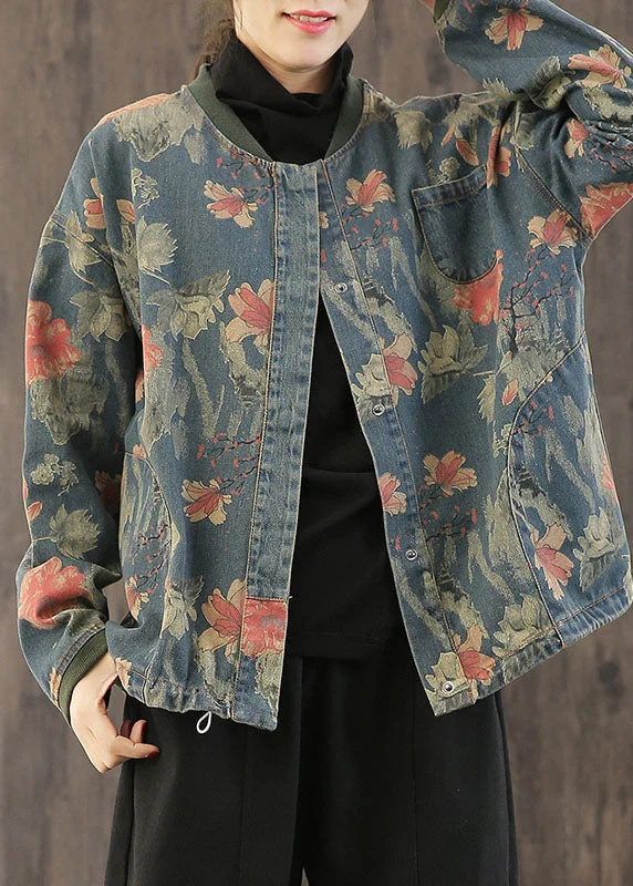 Casual Retro Print Button Fall Denim Coat