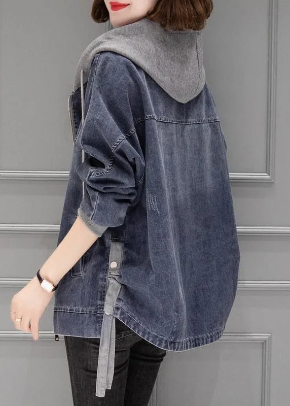 Vintage Grey Blue Patchwork Drawstring Hooded Denim Coat Fall