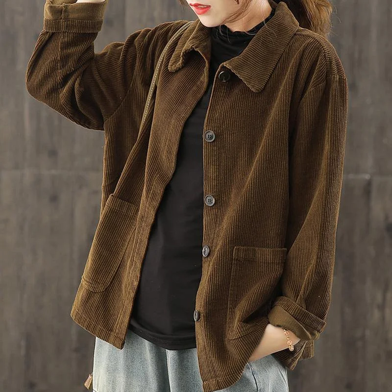 Women Plus Size Pocket Corduroy Coat