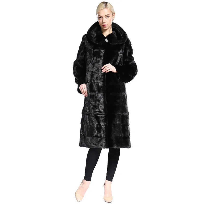 Women's Hooded Real Mink Fur Genuine Leather Coat with Fur Trim Hood