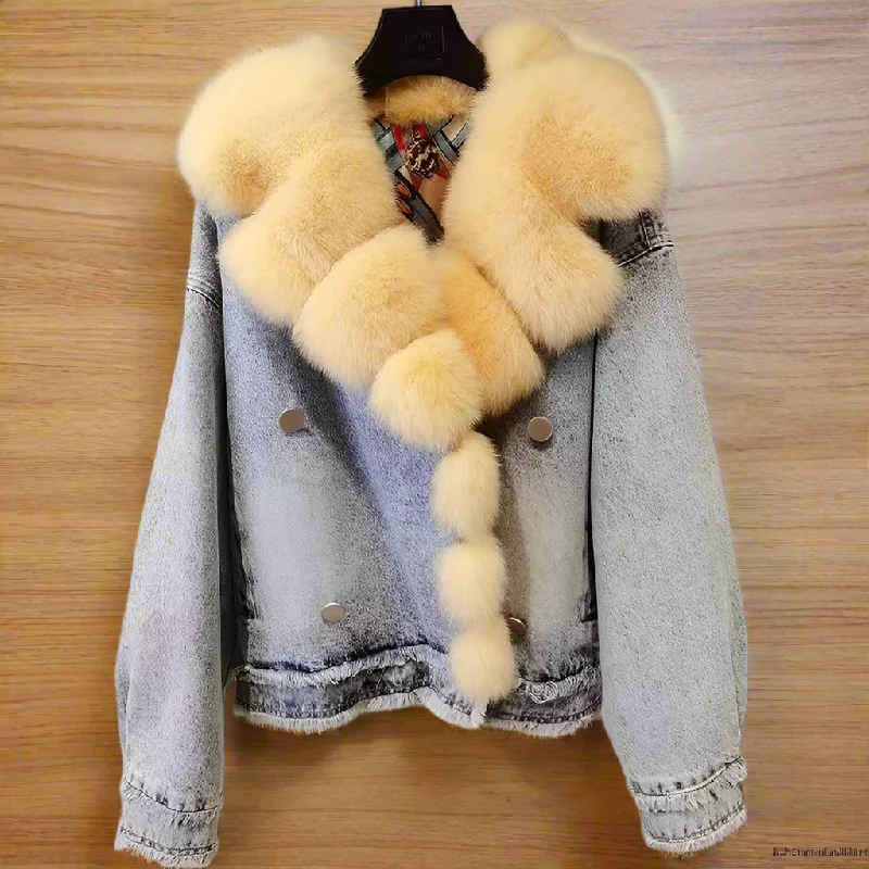 Women's Luxury Casual Warm Winter Denim Jacket with Real Fox Fur Collar