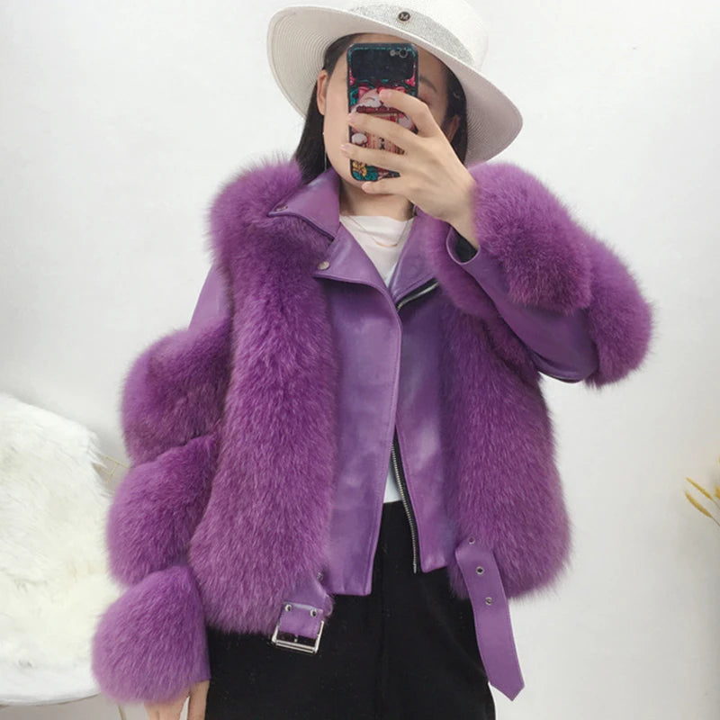 Women's Luxury Purple Winter Real Fox Fur Genuine Sheepskin Leather Jacket