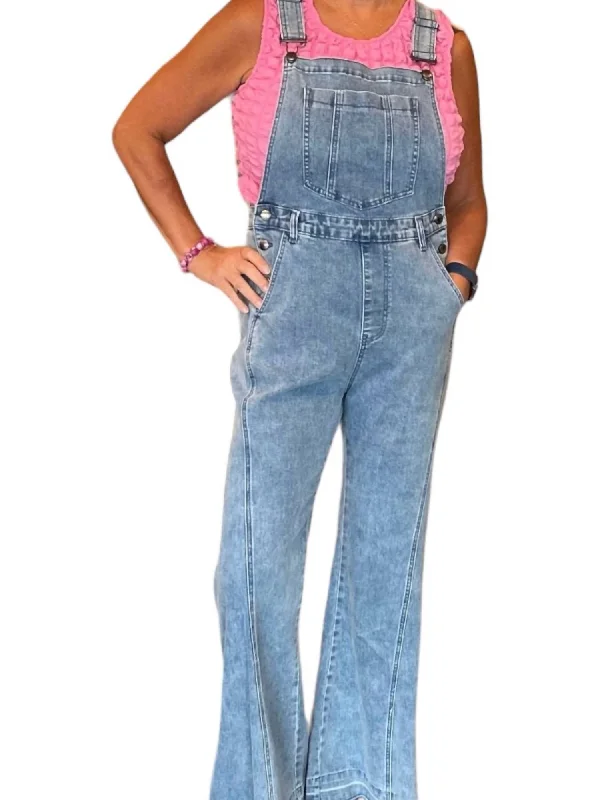 Denim Bell Bottom Overalls In Light Denim