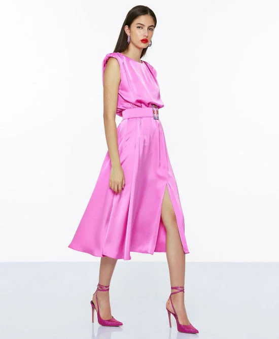 Access Pink Pink Midi Satin Dress With Belt