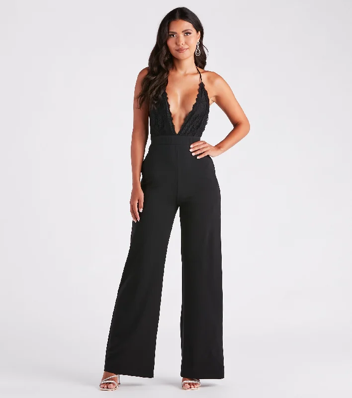 Chic Vibes Plunging Lace And Crepe Jumpsuit