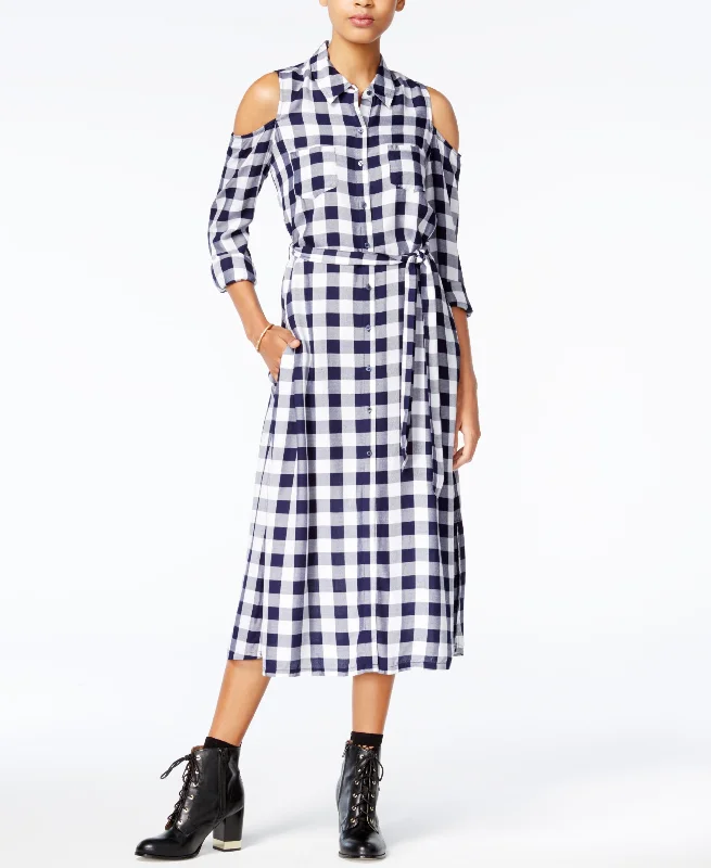 Maison Jules Cold Shoulder Plaid Midi Dress