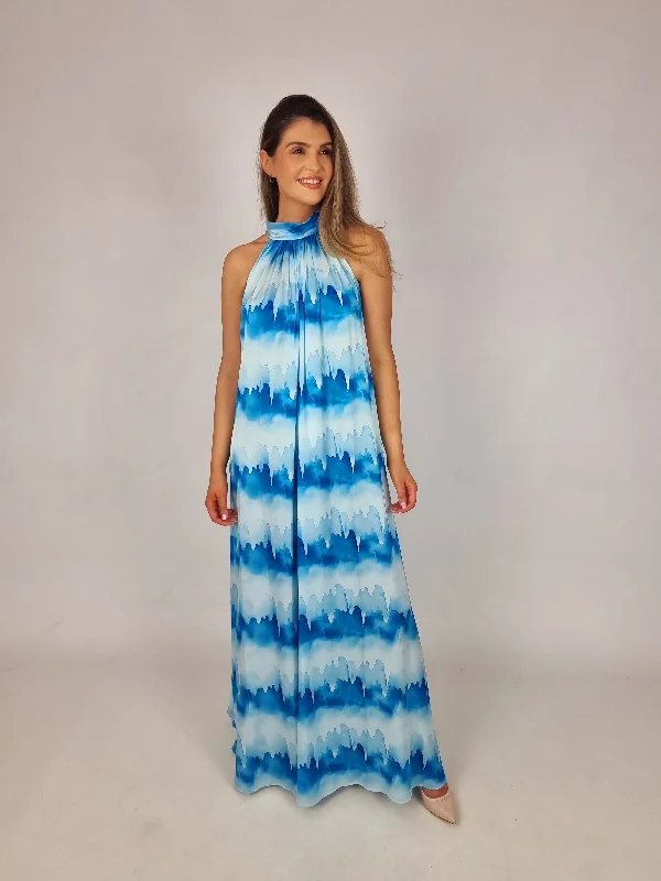 Md'M Blue Tie Dye Halter Neck Dress