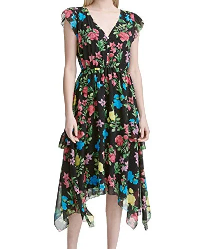 Printed Handkerchief-Hem Midi Dress