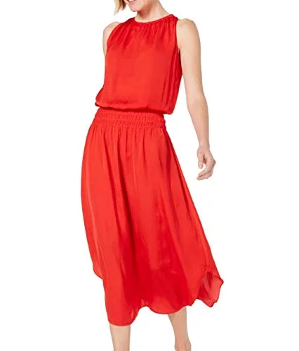 Smocked-Waist Satin Midi Dress