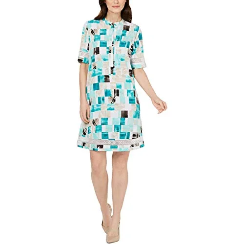 Square-Print Crochet-Trim Shirtdress