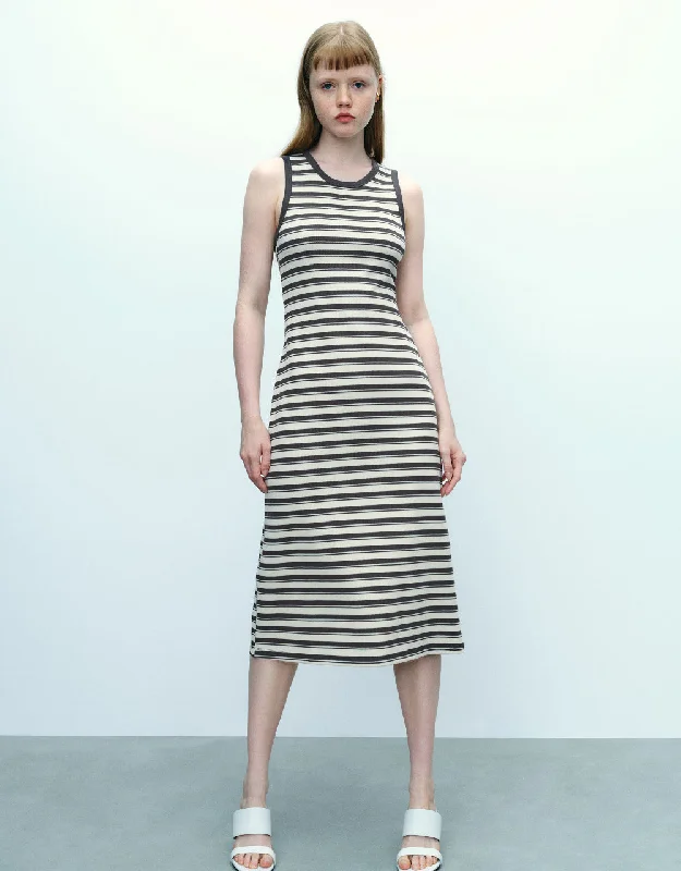 Striped Sleeveless Crew Neck Straight Dress