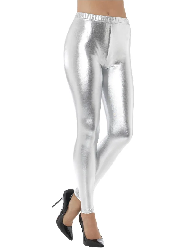 80s Metallic Disco Leggings, Silver