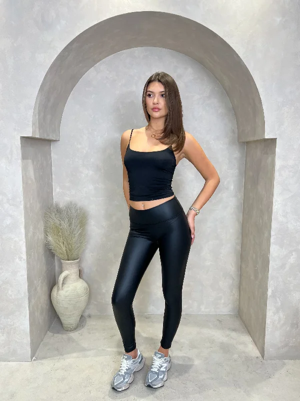 Black Leather Wet Look High Waist Leggings