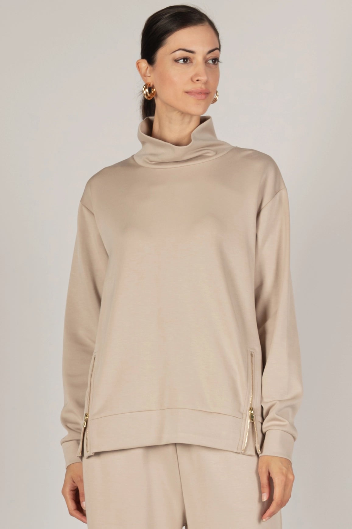 Butter Modal Cowl Neck Top W/ Side Zippers- Taupe