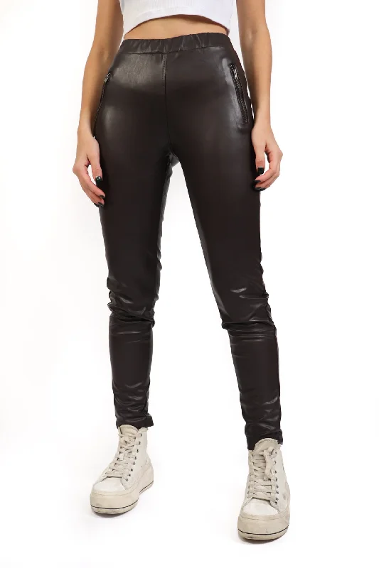 Chocolate Brown Zipper Detail Pleather Leggings