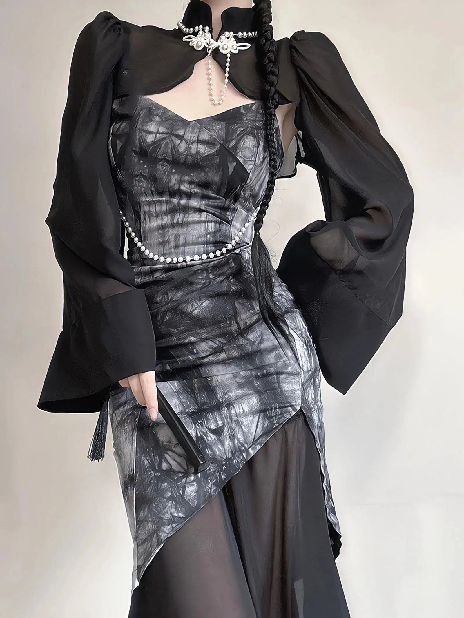 Goth Wide Sleeve Qipao Midi Dress