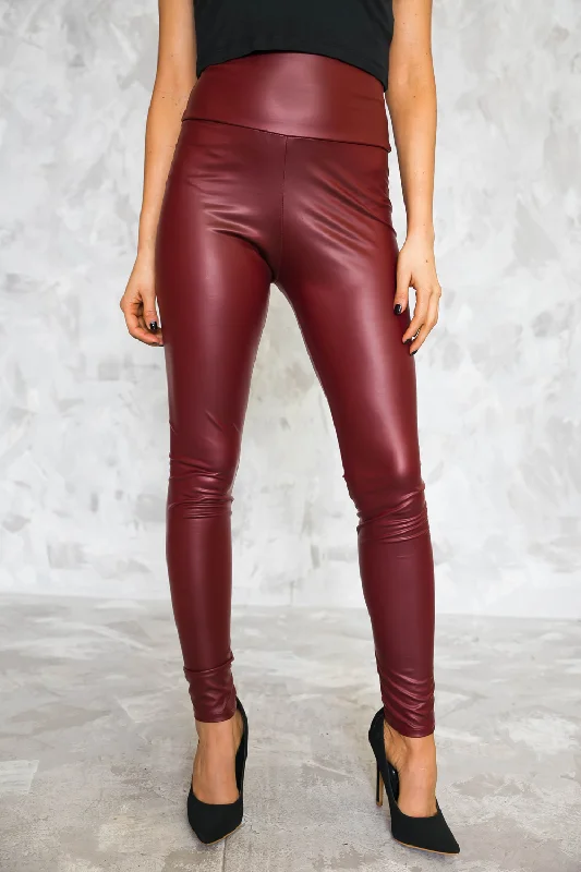 High-Waisted Leather Leggings - Maroon