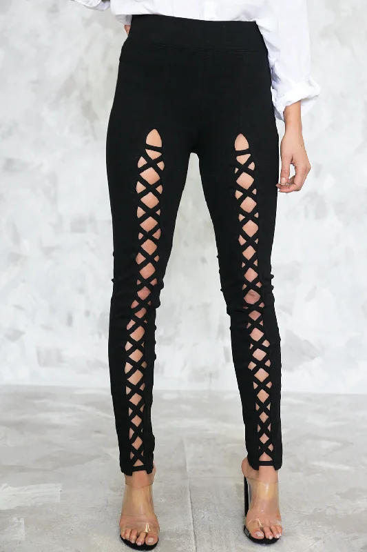 Lace-Up Cutout Pants - Black