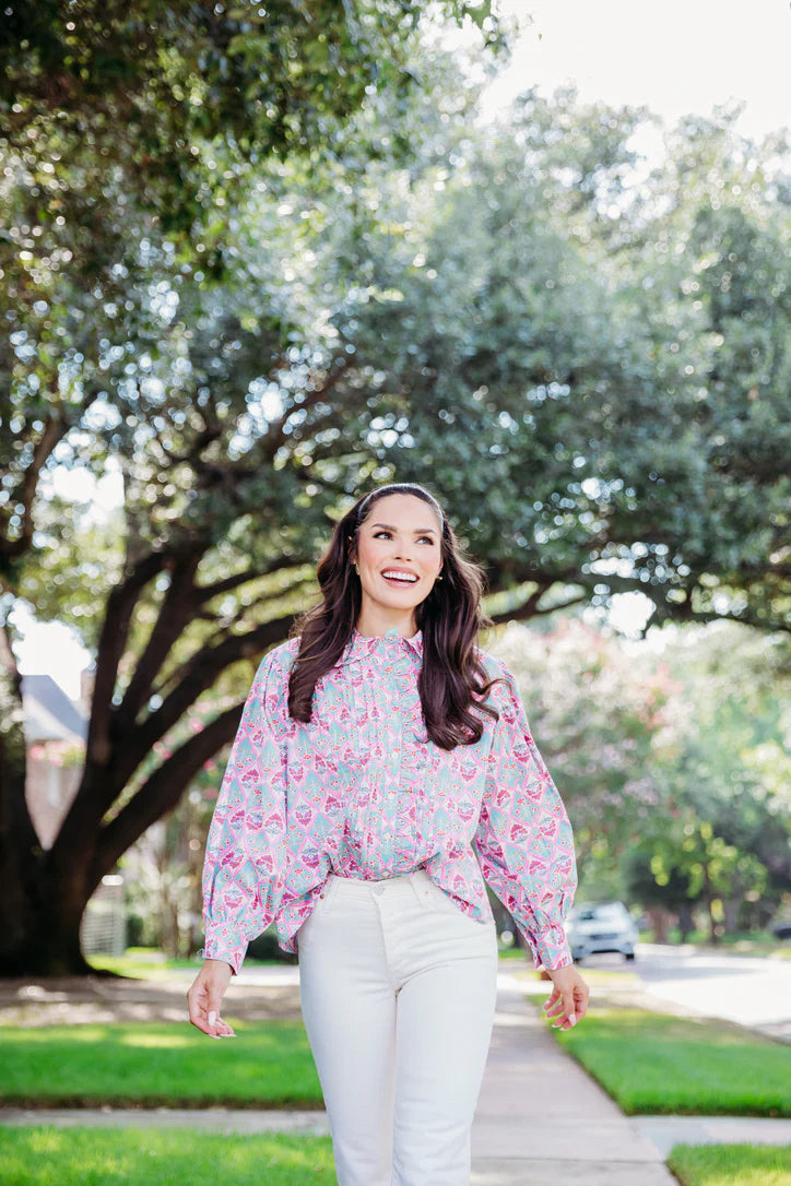 Paris Floral Vintage Ruffle Collar Top