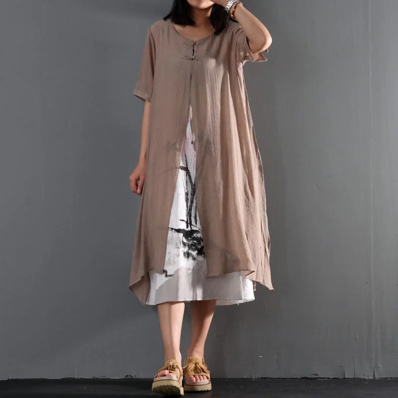 Khaki cotton layered sundress loose causal summer maxi dresses print dress inside