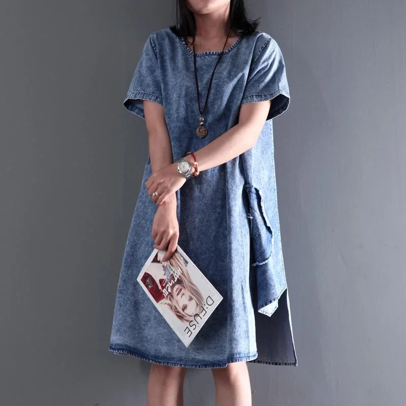 New Asymmetric denim sundress plus size denim summer dresses short sleeve blouse