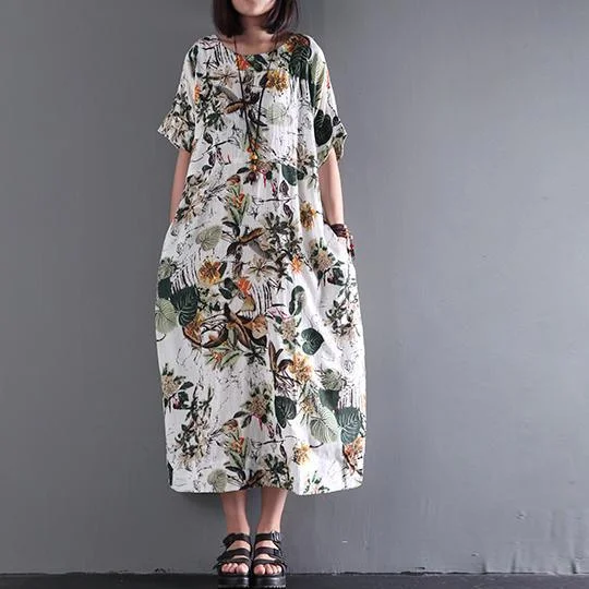 New Summer Maxi Dress Print Linen Dresses Plus Size Sundress