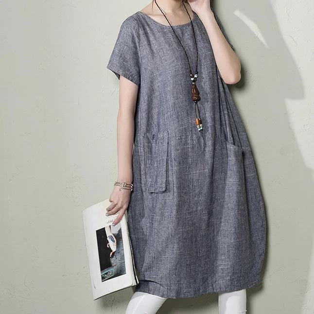 Blue Linen Shift Dress Summer Maxi Dresses Plus Size Linen Clothing ( Limited Stock)