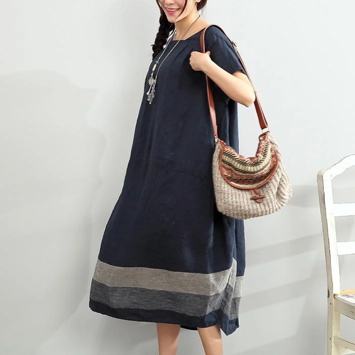 Blue Summer Linen Dresses Oversize Casual Sundress Slash Neck Maxi Dress