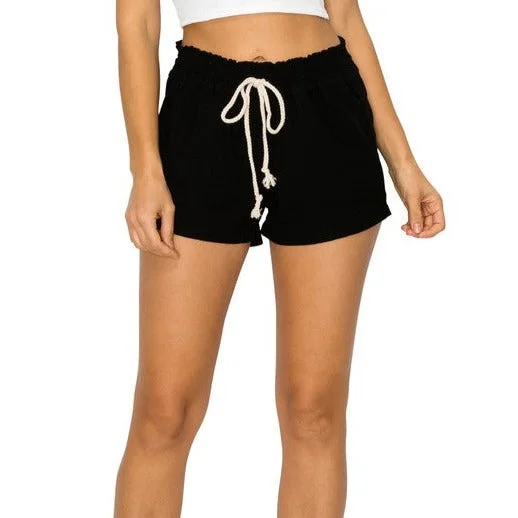 Cali Casual Smocked Waist Linen Beach Shorts - Black