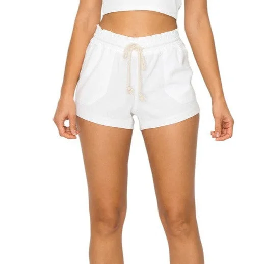 Cali Casual Smocked Waist Linen Beach Shorts - Creamy White