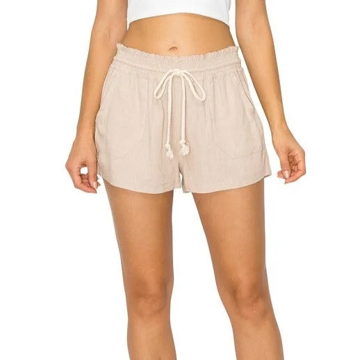 Cali Casual Smocked Waist Linen Beach Shorts - Khaki