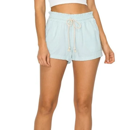 Cali Casual Smocked Waist Linen Beach Shorts - Light Blue