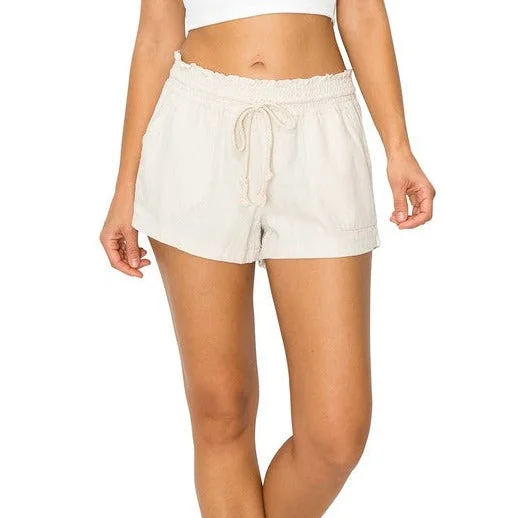 Cali Casual Smocked Waist Linen Beach Shorts - Oat