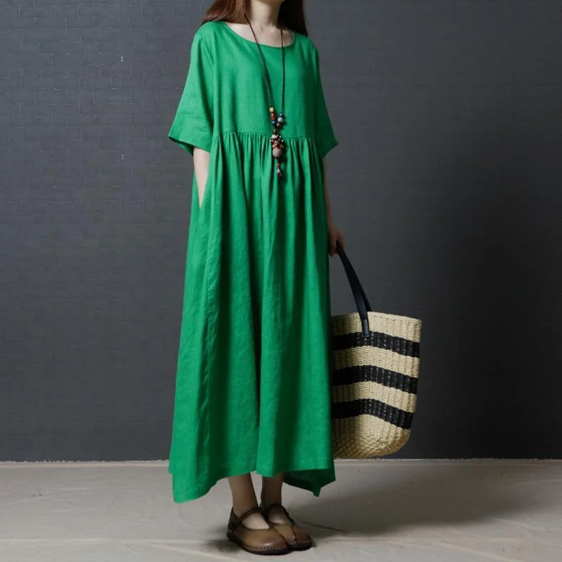 Fine Linen Green Women Summer Dresses Oversize Vintage Sundress O Neck Maxi Dress