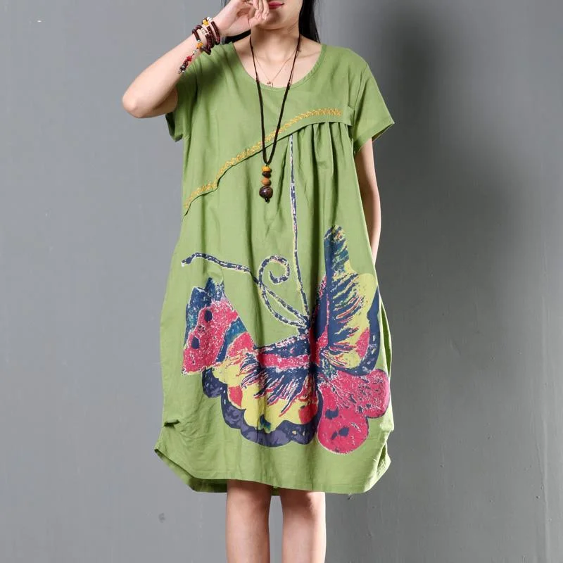 Green plus size sundress casual short sleeve summer shift dresses flying butterfly