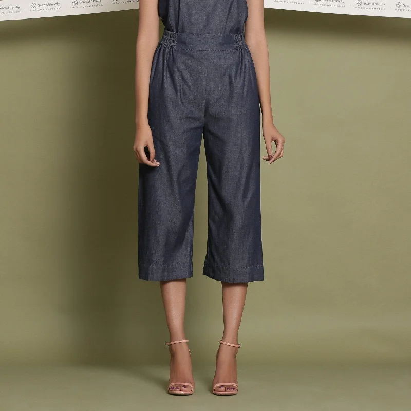 Indigo Cotton Denim Elasticated Mid-Rise Culottes