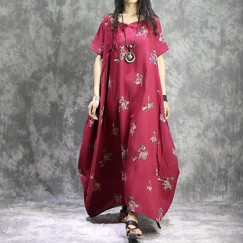 Loose O-Neck Prints Linen Robes Stylish Work Outfits Red Loose Dress Summer