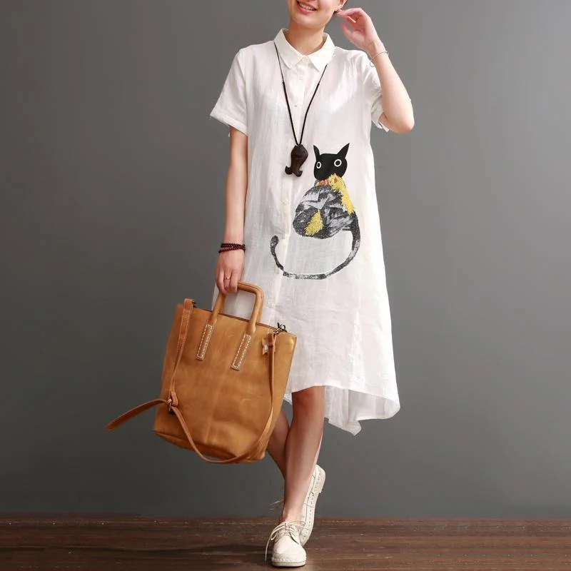 Naughty cat print summer linen maxi dress oversize linen sundresses white