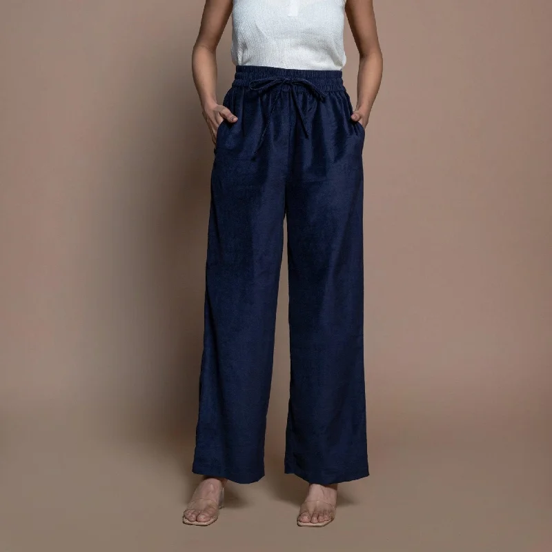 Navy Blue Cotton Velvet Elasticated High-Rise Pant