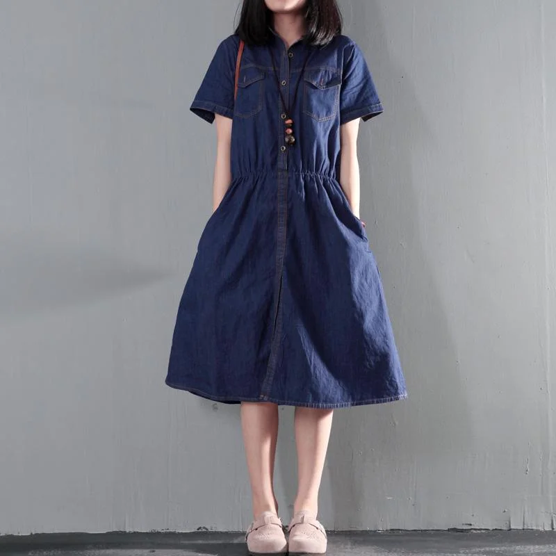 Navy blue summer denim dress tunic casual denim sundress plus size thin for summer